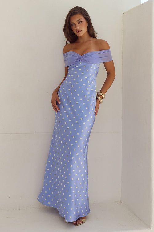 KADIE OFF SHOULDER MAXI DRESS - PERIWINKLE/LEMON POLKA