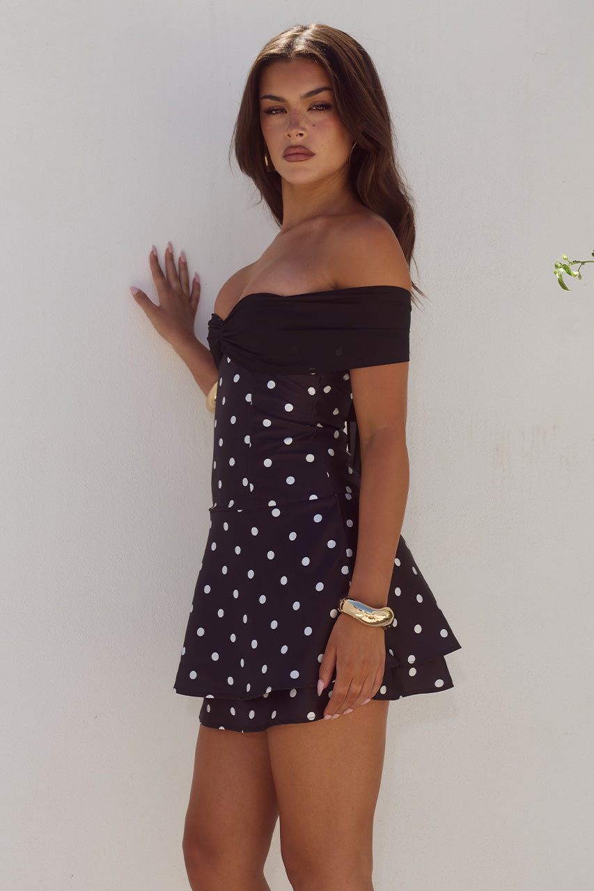 KADIE OFF SHOULDER MINI DRESS - BLACK/WHITE POLKA