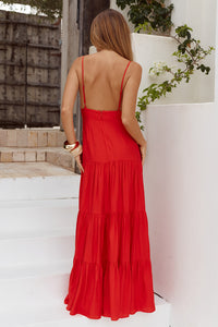 KANAH V-NECK TIERED MAXI DRESS - RED