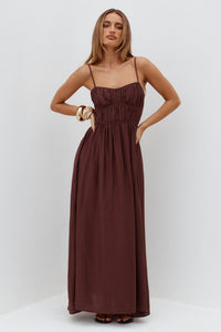 KAYLEY A-LINE SHIRRED MIDI DRESS - CHOCOLATE