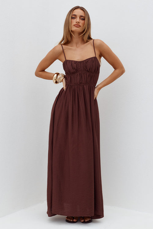 KAYLEY A-LINE SHIRRED MIDI DRESS - CHOCOLATE