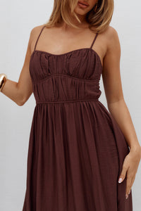 KAYLEY A-LINE SHIRRED MIDI DRESS - CHOCOLATE