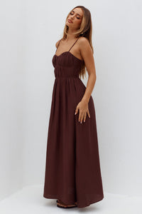 KAYLEY A-LINE SHIRRED MIDI DRESS - CHOCOLATE