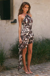 KESHI HALTER RUFFLE MINI DRESS - SHILOH BROWN