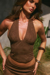 KITTY V-NECK HALTER TOP - CHOCOLATE
