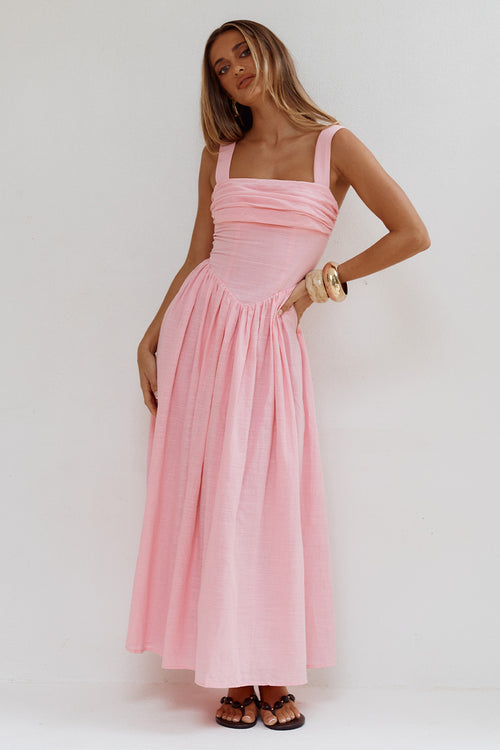 KIYO SQUARE NECK TIE MIDI DRESS - PINK