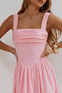 KIYO SQUARE NECK TIE MIDI DRESS - PINK