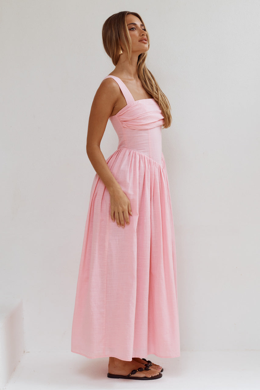 KIYO SQUARE NECK TIE MIDI DRESS - PINK