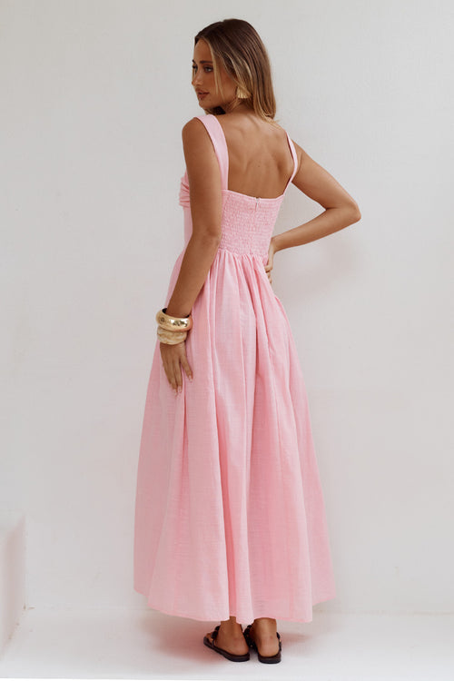 KIYO SQUARE NECK TIE MIDI DRESS - PINK