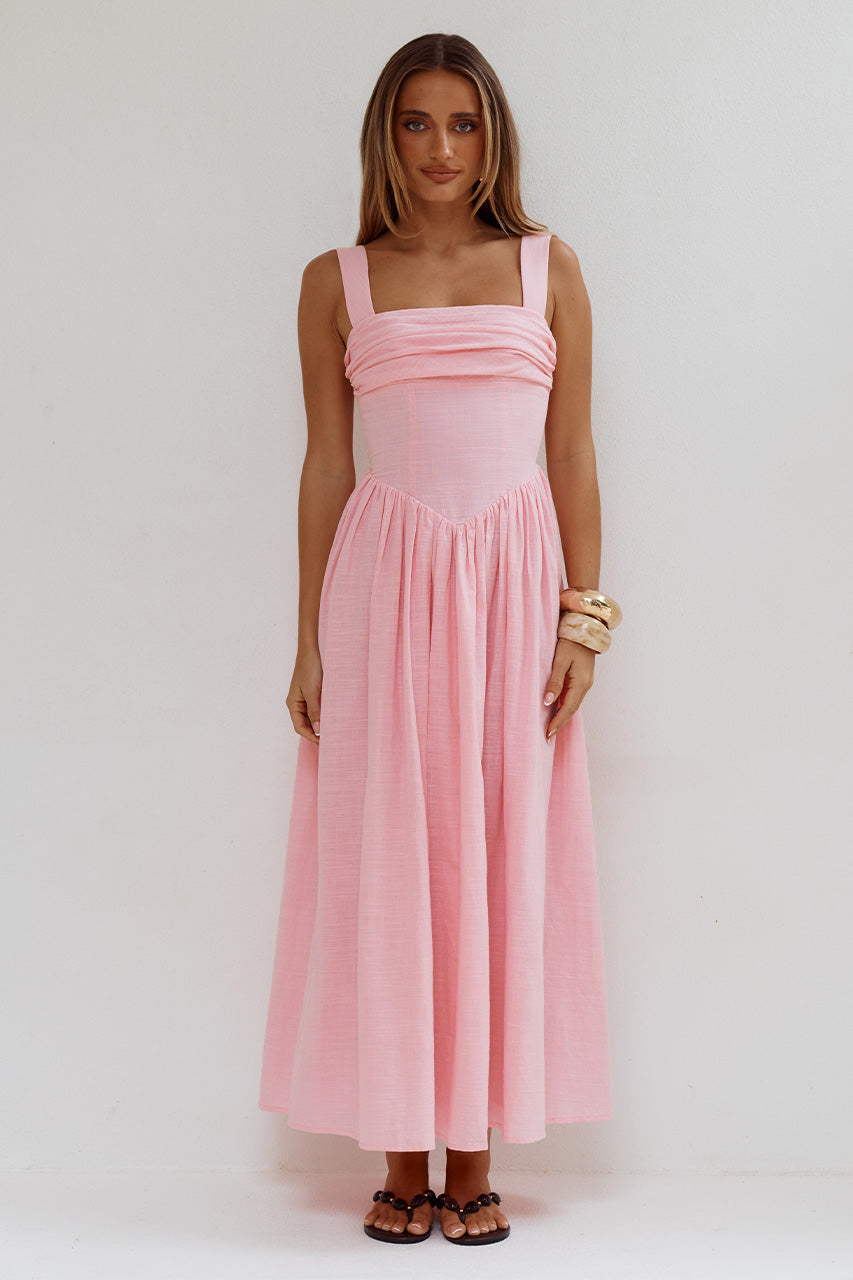 KIYO SQUARE NECK TIE MIDI DRESS - PINK