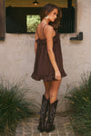 KRISTIA FLOUNCE RUFFLE MINI DRESS - BITTER CHOCOLATE