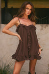 KRISTIA FLOUNCE RUFFLE MINI DRESS - BITTER CHOCOLATE