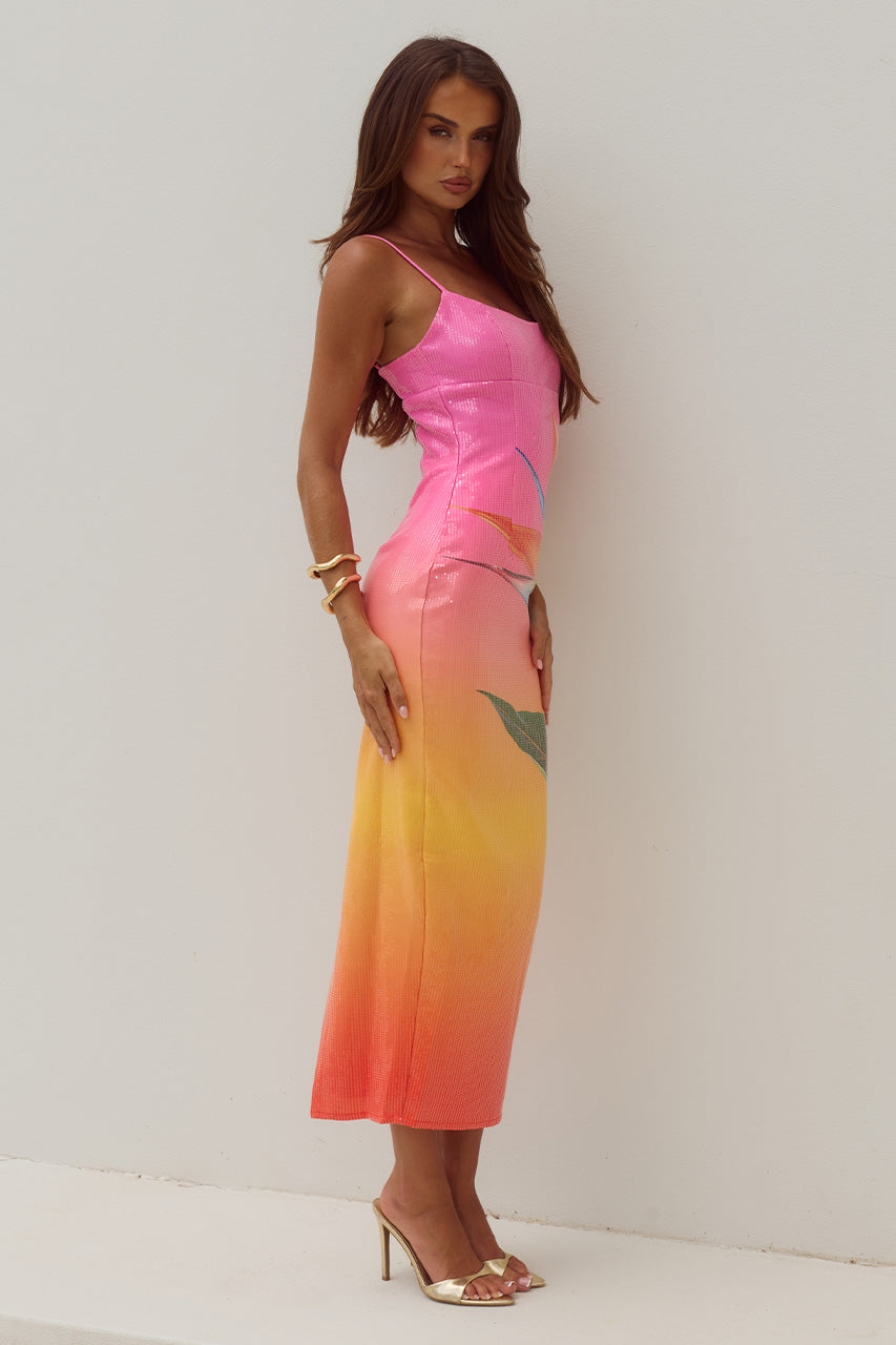 KYRA SCOOP NECK SEQUIN MIDI DRESS - TROPICAL OMBRE