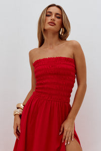 LANIE STRAPLESS SHIRRED MIDI DRESS - RED