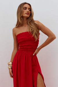 LANIE STRAPLESS SHIRRED MIDI DRESS - RED