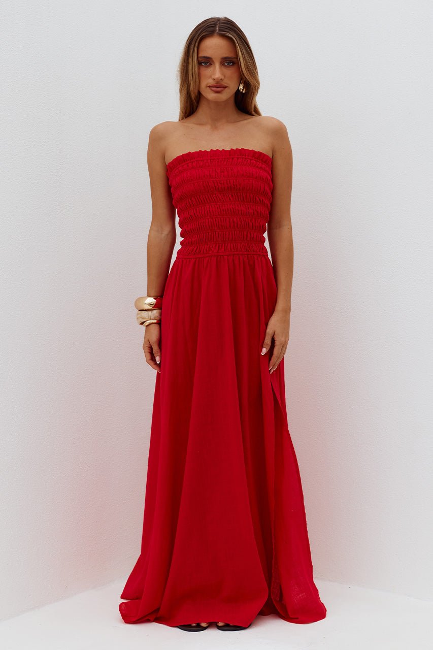 LANIE STRAPLESS SHIRRED MIDI DRESS - RED