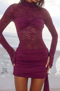 LARNA LACE SLEEVED MINI DRESS - WINE