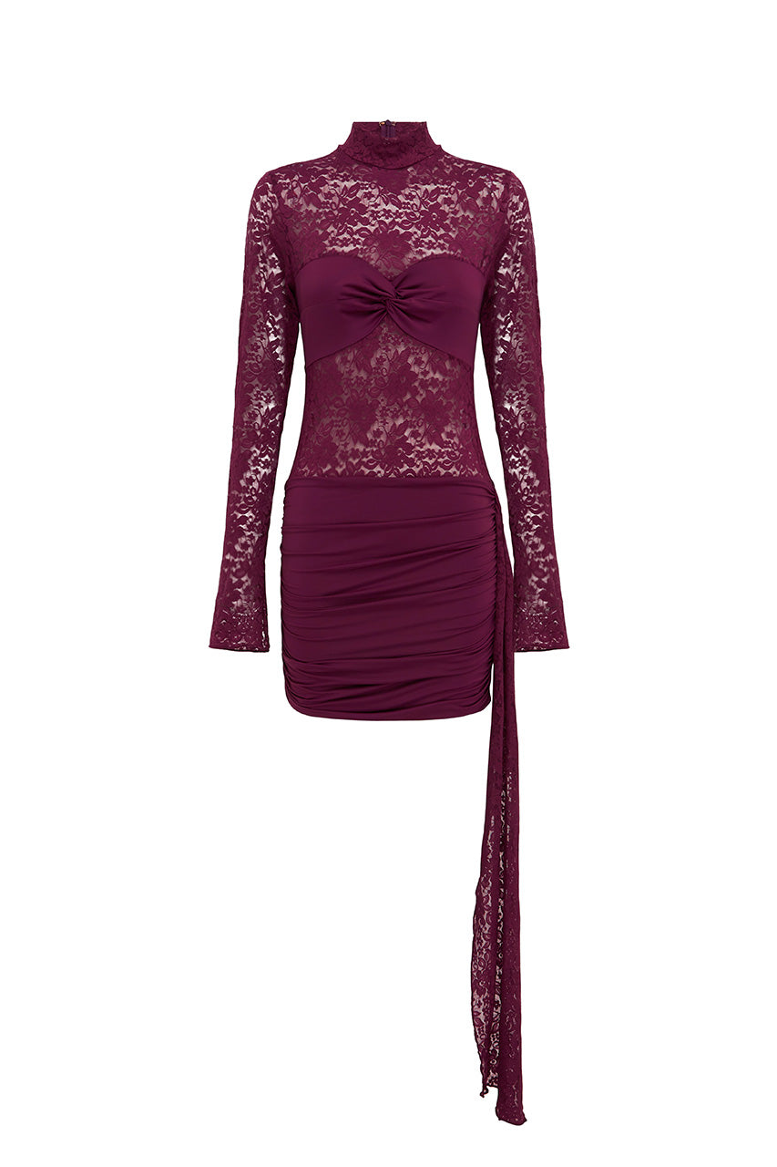 LARNA LACE SLEEVED MINI DRESS - WINE