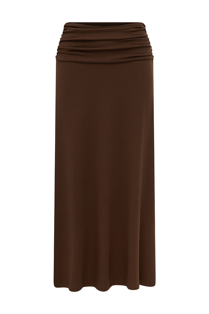 LARSEN RUCHED WAIST MIDI SKIRT - ESPRESSO