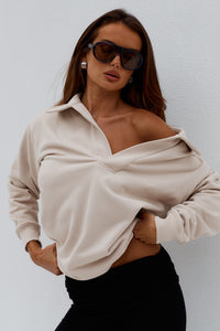 LAURETTE OVERSIZED POLO SWEATER - BISCUIT