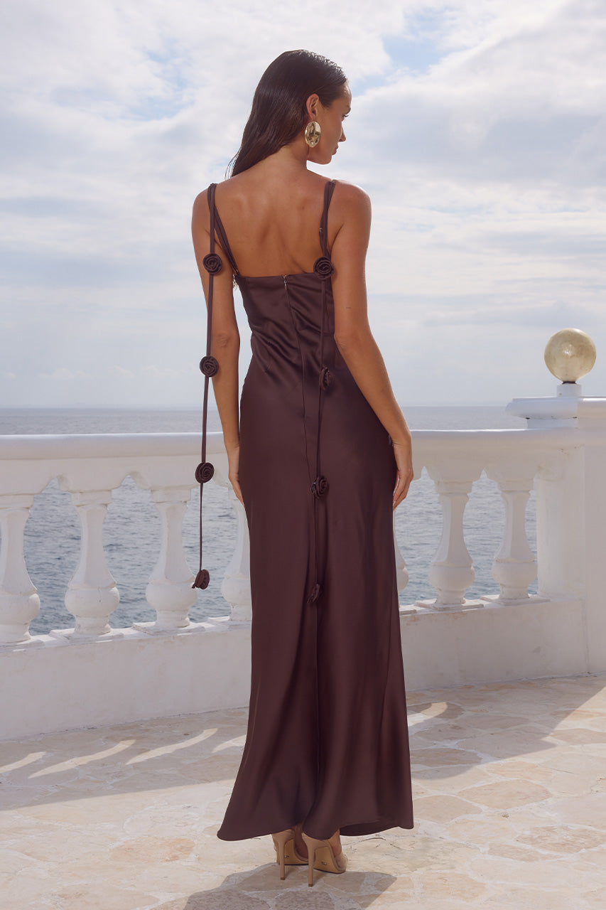 LAVENA FLORAL DETAIL MAXI DRESS - BITTER CHOCOLATE