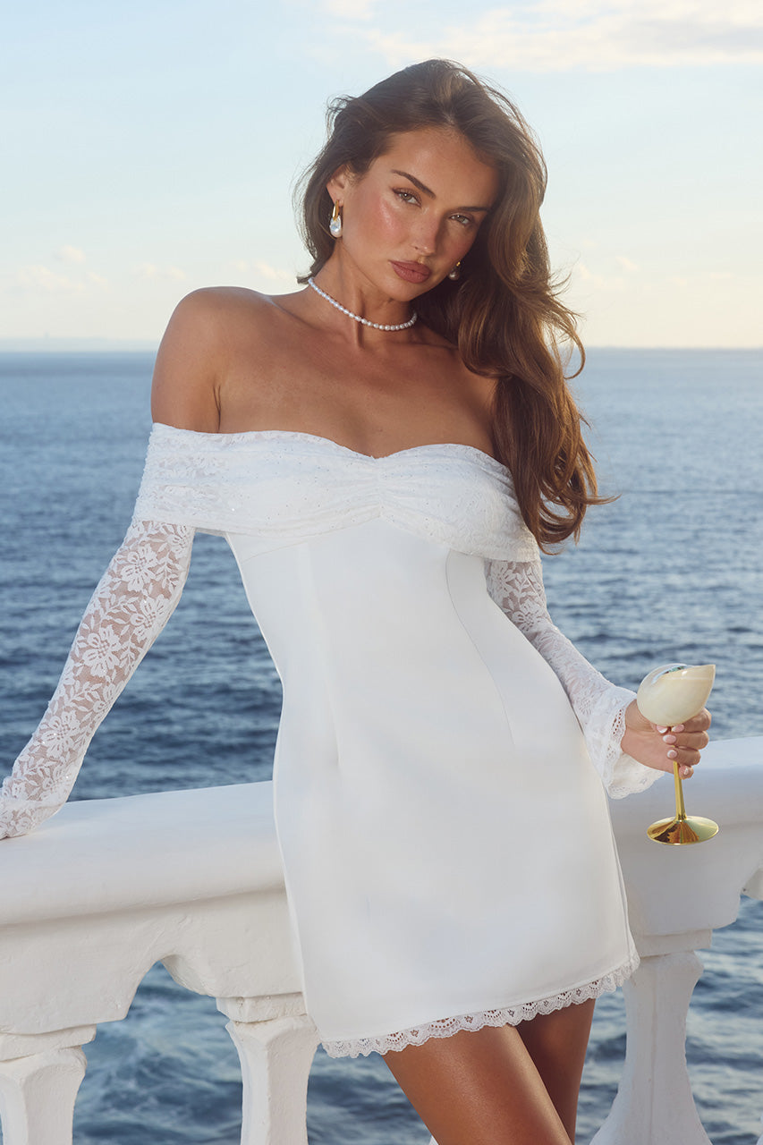LEONA LACE LONG SLEEVE MINI DRESS - WHITE