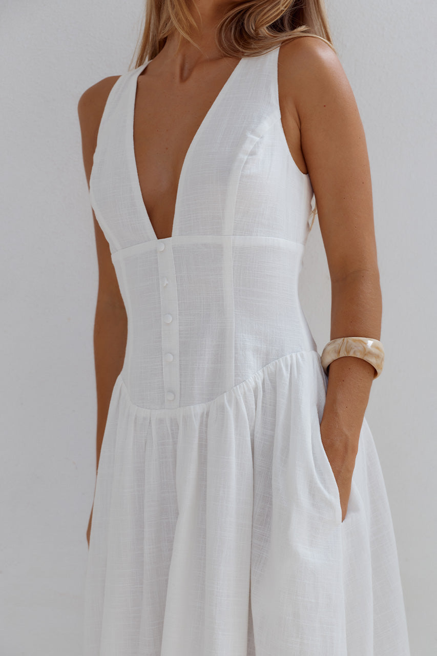 LEONORA DEEP V CORSET MAXI DRESS - WHITE