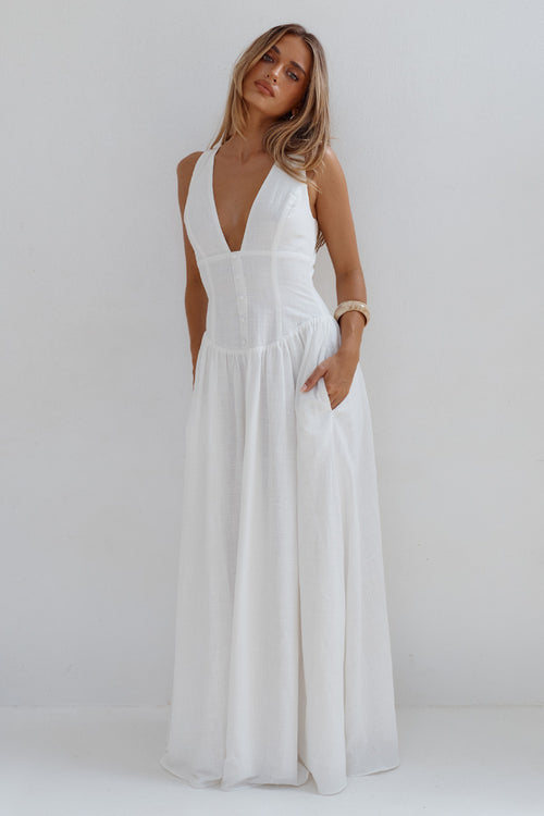 LEONORA DEEP V CORSET MAXI DRESS - WHITE