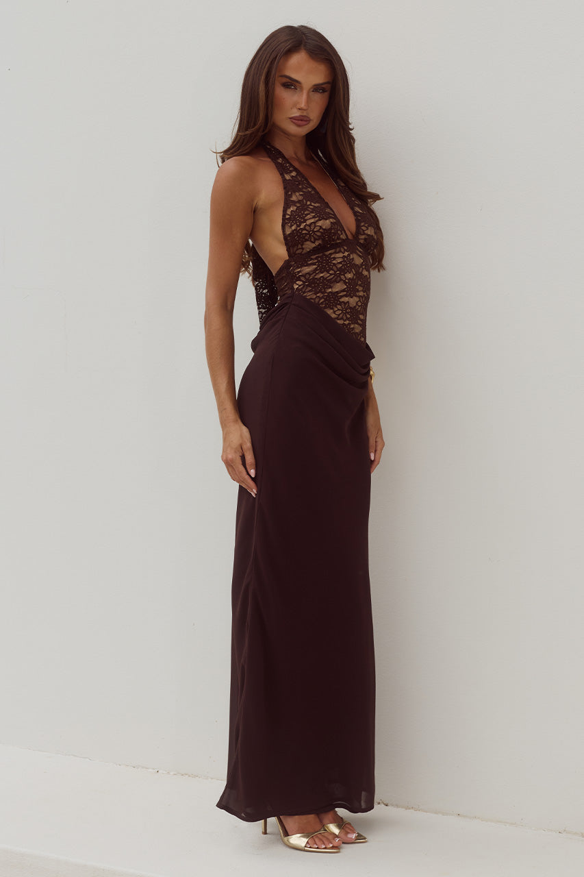 LINA HALTER DRAPED MAXI DRESS - BITTER CHOCOLATE