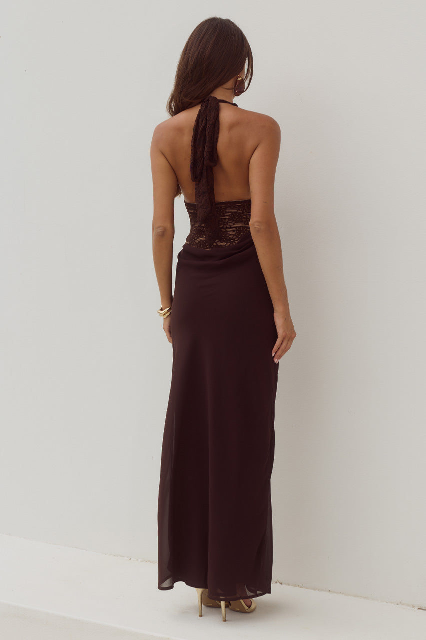 LINA HALTER DRAPED MAXI DRESS - BITTER CHOCOLATE