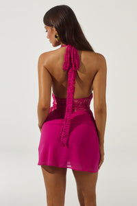 LINA HALTER DRAPED MINI DRESS - BERRY