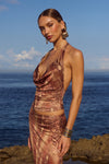 LOTUS COWL HALTER TOP - TAN VIPER