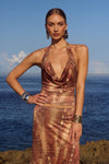 LOTUS COWL HALTER TOP - TAN VIPER