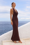 LOTUS HALTER COWL MAXI DRESS - BITTER CHOCOLATE