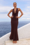 LOTUS HALTER COWL MAXI DRESS - BITTER CHOCOLATE