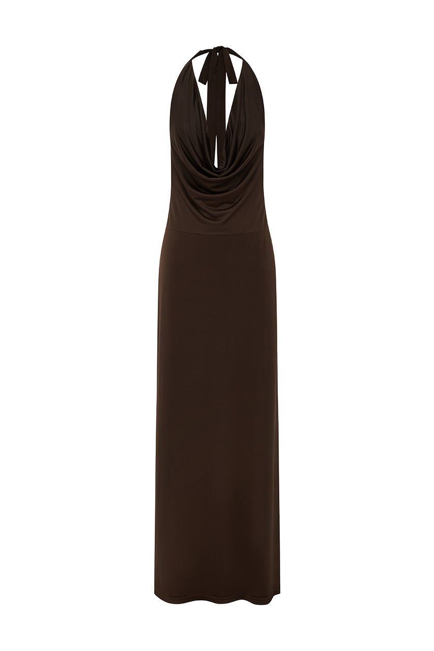LOTUS HALTER COWL MAXI DRESS - BITTER CHOCOLATE