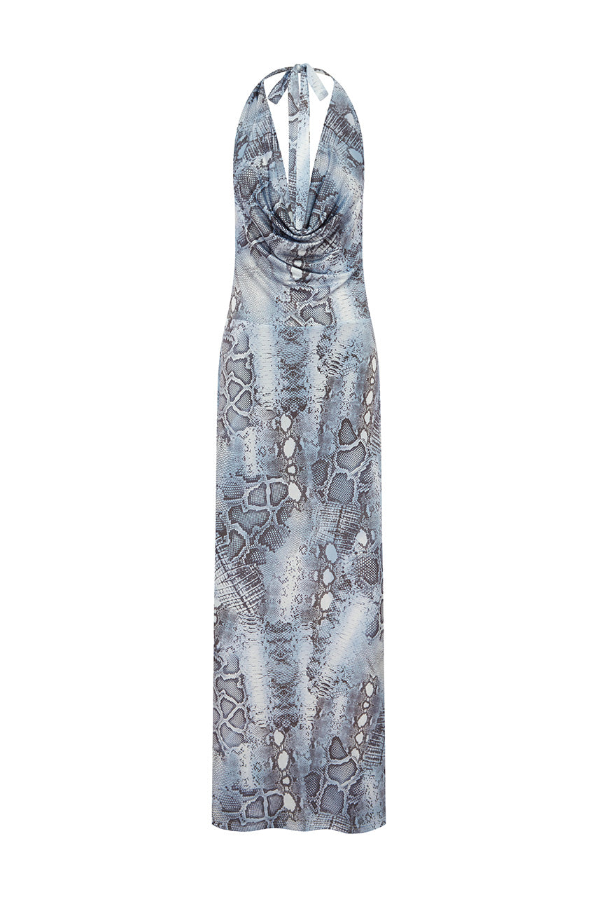 LOTUS HALTER COWL MAXI DRESS - STEEL VIPER