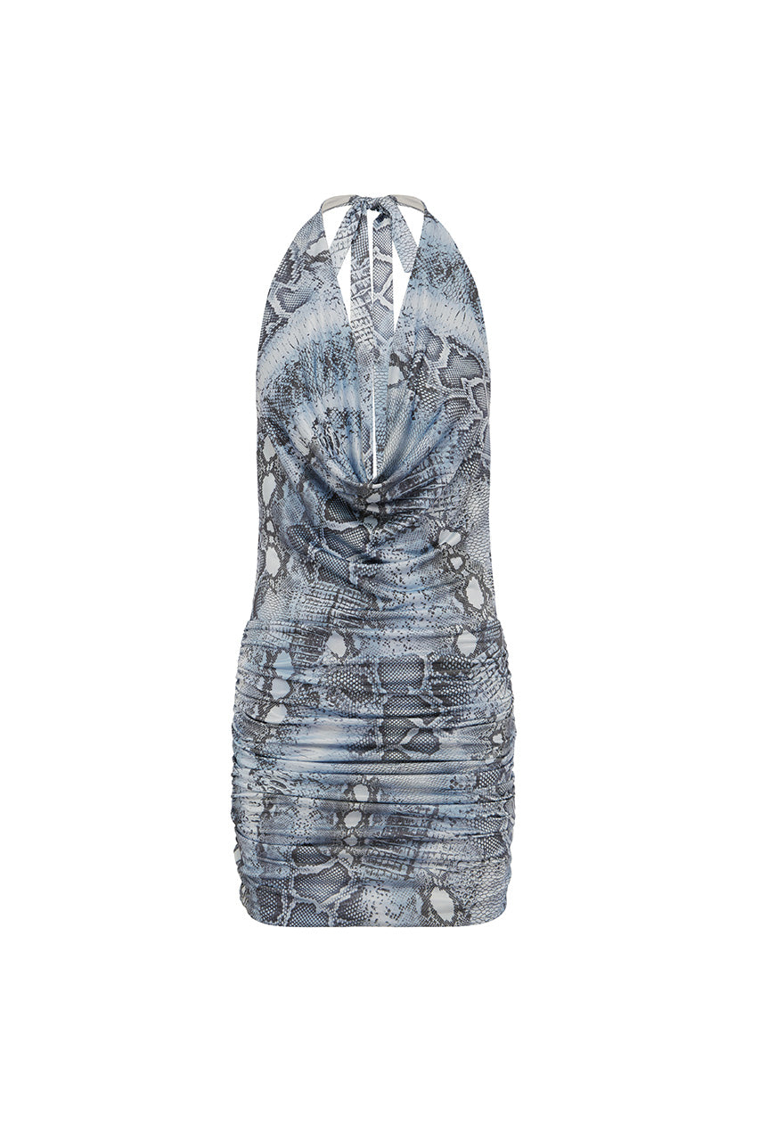 LOTUS HALTER COWL MINI DRESS - STEEL VIPER