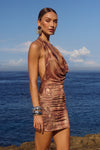 LOTUS HALTER COWL MINI DRESS - TAN VIPER