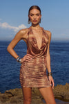 LOTUS HALTER COWL MINI DRESS - TAN VIPER