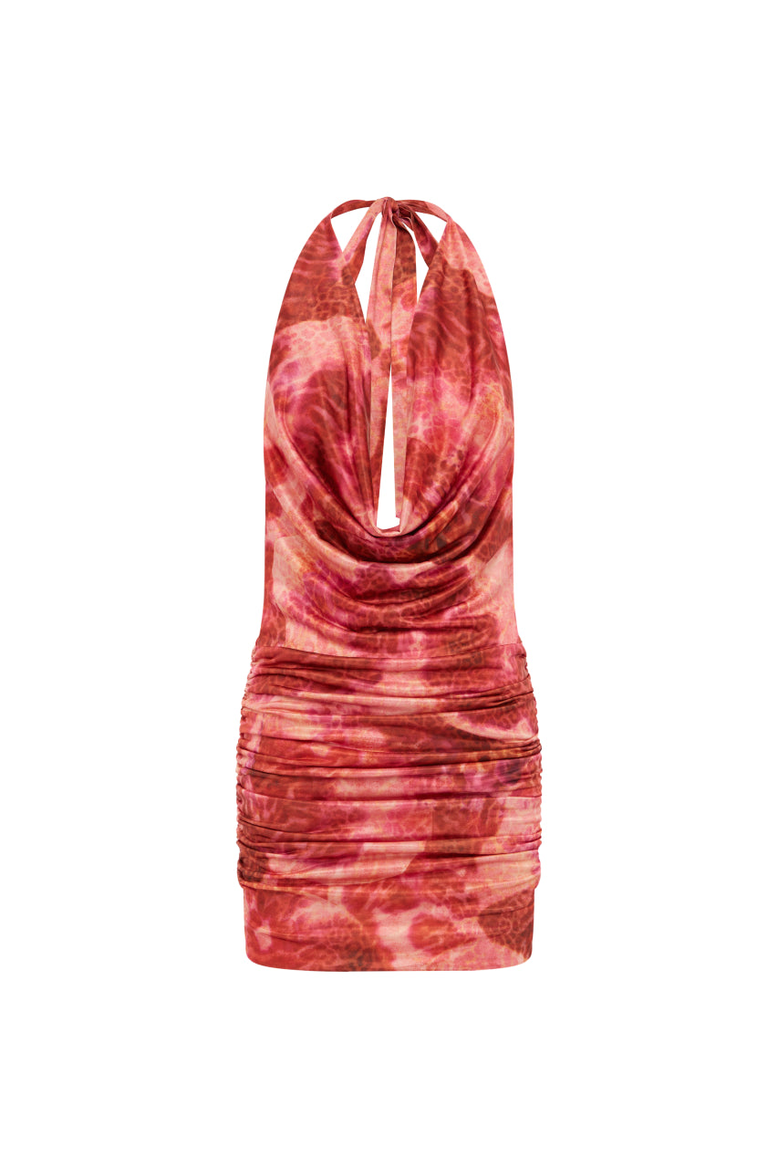 LOTUS HALTER PLUNGE COWL MINI DRESS - MOANA PINK