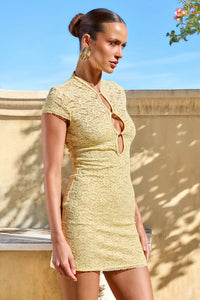 LUANI MANDARIN COLLAR MINI DRESS - LEMON