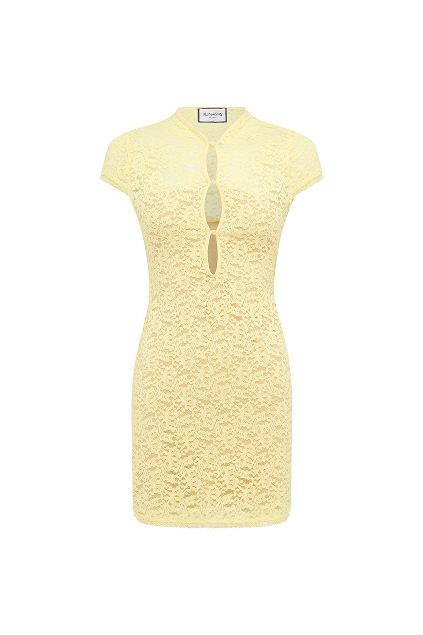 LUANI MANDARIN COLLAR MINI DRESS - LEMON