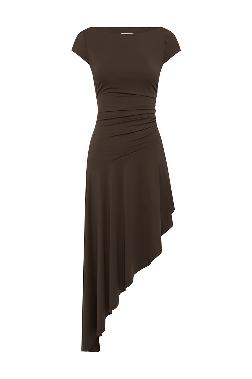 LUI ASYMMETRICAL HEM MIDI DRESS - BITTER CHOCOLATE