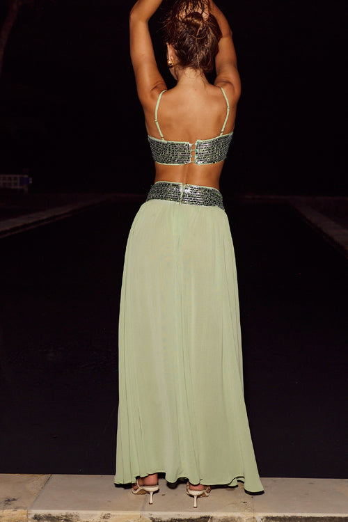 LUISA SEQUIN WAISTBAND MAXI SKIRT - FERN