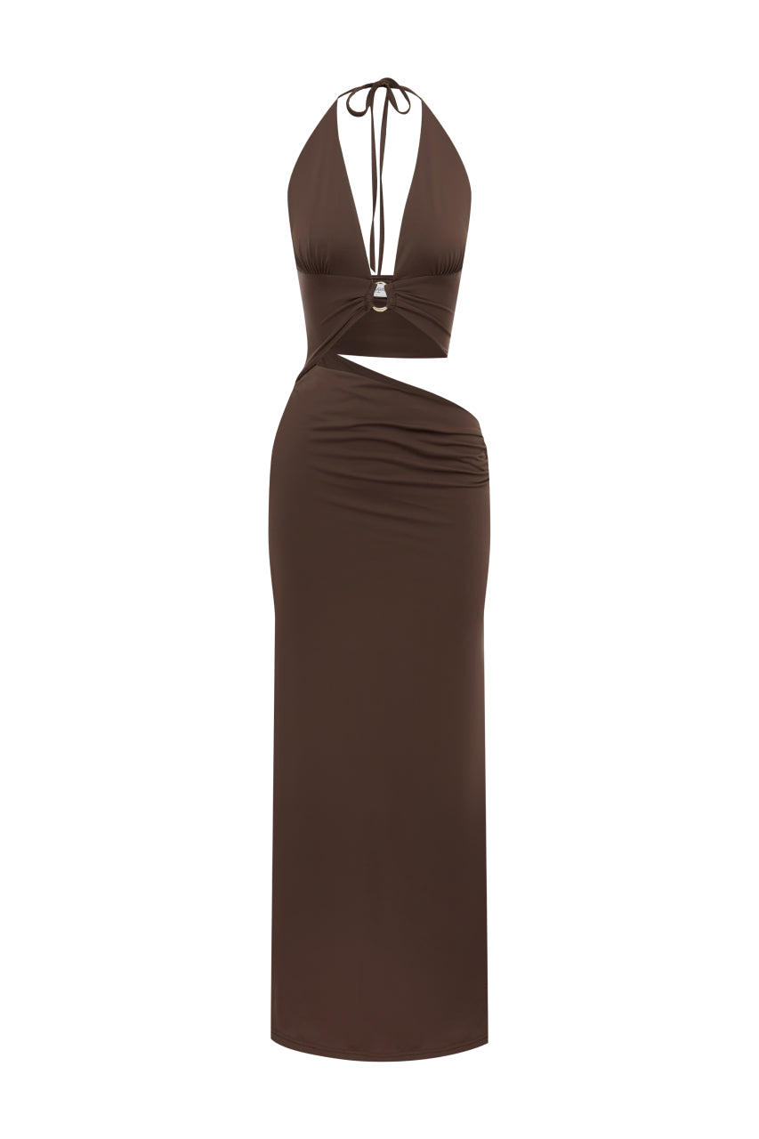LUMIA HALTER CUTOUT MAXI DRESS - CHOCOLATE