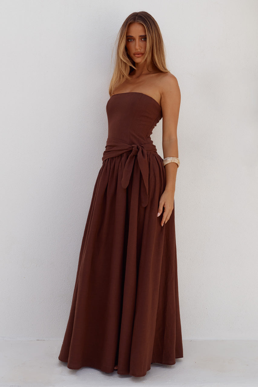 MAEVE STRAPLESS SIDE TIE MAXI DRESS - CHOCOLATE