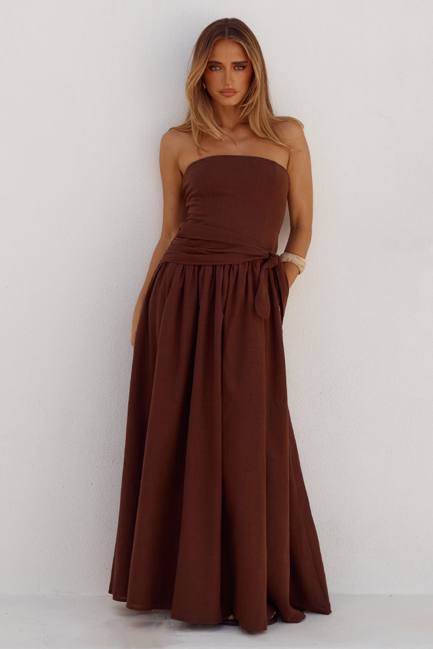 MAEVE STRAPLESS SIDE TIE MAXI DRESS - CHOCOLATE