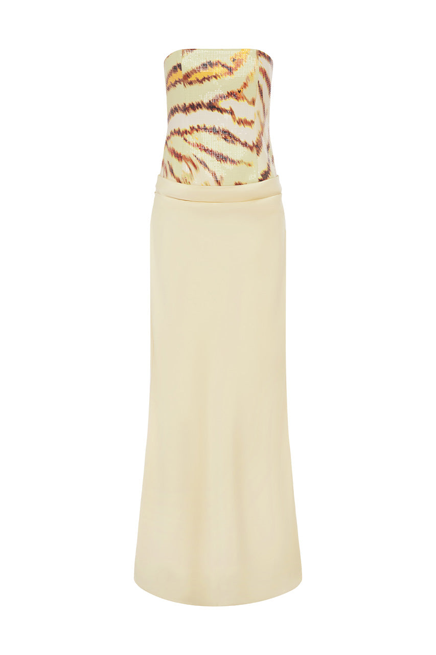 MAKENA STRAPLESS SEQUIN MAXI DRESS - CAMELLIA BEIGE
