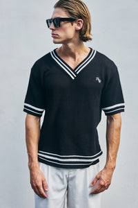 MAKKA V-NECK SHORT SLEEVE KNIT TOP - BLACK